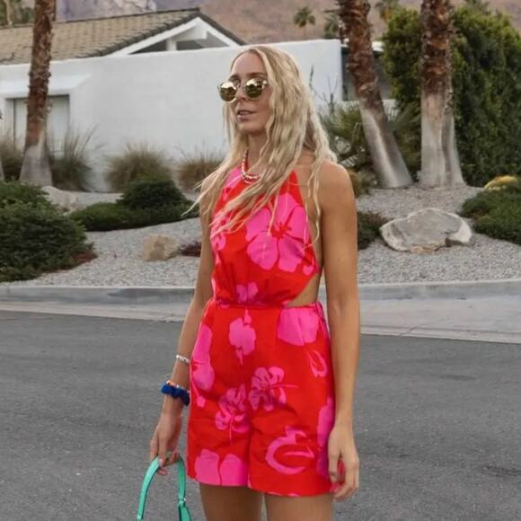 Staud Georgia Floral Romper‎ Red Pink Halter Cutout Open Back Sleeveless Sz 6 - Picture 5 of 14